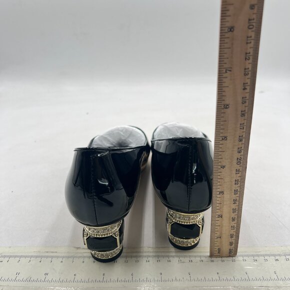 FSJ Black-gold Trim Bridal Pointed Toe Block Low Heel Crystal Pumps - Picture 5 of 8